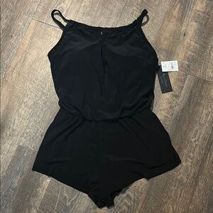 Aqua Green Women's Keyhole Blouson Romper Swimsuit Size Medium Black w/pockets